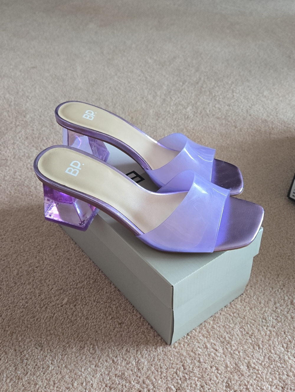 bp Lavender Lucite Block Heel Slide Mules